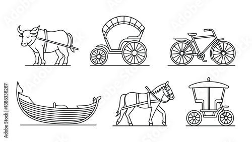 Transportation Set: A collection of various traditional transportation options, artfully rendered in black and white, depicting a range of conveyances. 