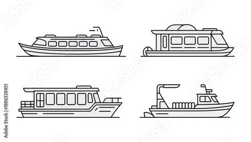 Variety of Vessel: A selection of various vessel designs illustrated with clean, minimalist linework. Showcasing different styles of maritime transportation.
