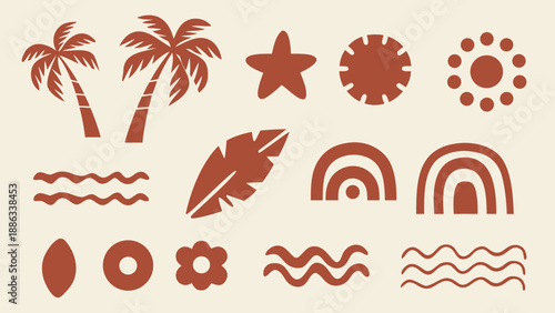 Tropical beach elements collection with palm trees sun and abstract shapes