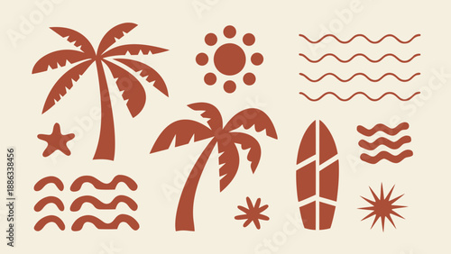 Tropical beach elements collection with palm trees surfboard and waves in minimalist design