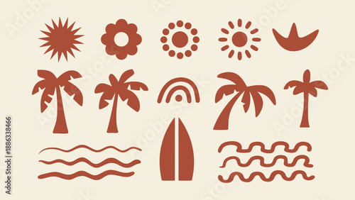 Tropical shoreline icons with palm trees surfboard and sunny weather