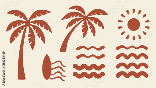 Tropical beach scene with palm trees sun waves and surfboard icons