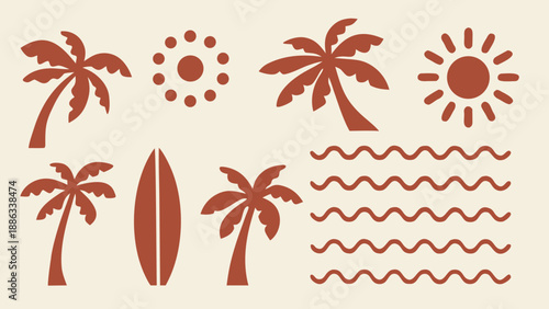Tropical beach scene with palm trees surfboard sun and waves in flat design