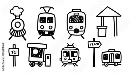 Hand-Drawn Trains and Transport Icons: An array of charming, hand-drawn train and transport icons, each a unique artistic representation of locomotive elements.