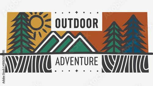 Vintage outdoor adventure scene with mountains trees and sun