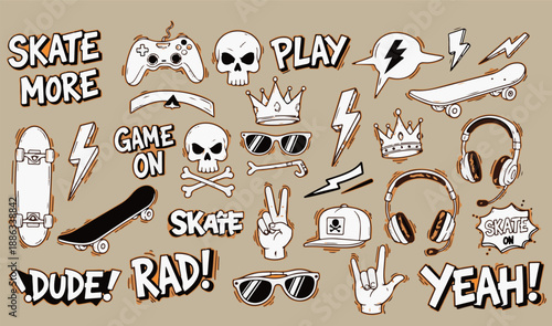 Retro gaming sticker collection with play game on skateboard and skull elements pattern