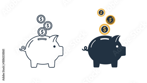 Two piggy bank icons in outline and solid styles with falling coins for savings, banking, and personal finance concept.