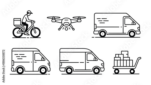 Delivery Vehicles: A collection of various transport modes, including a bicycle, a drone, and multiple delivery vans, symbolizing modern logistics and efficient distribution networks.