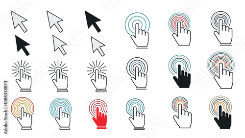 Collection of various mouse cursor and hand pointer icons for web interaction and digital navigation design concept.