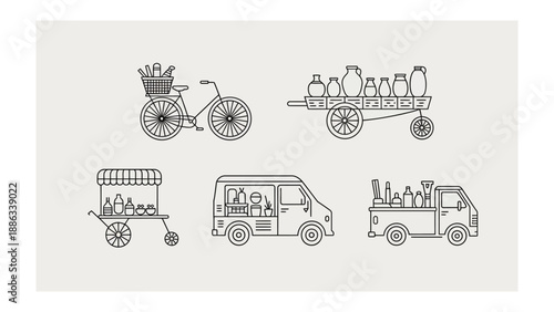 Milk Transportation Icons: A set of charming vintage vehicles, each laden with milk containers, evoking a sense of classic dairy delivery. 
