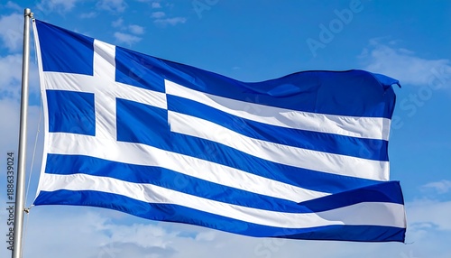 The Greek flag waving in the wind against a blue sky.