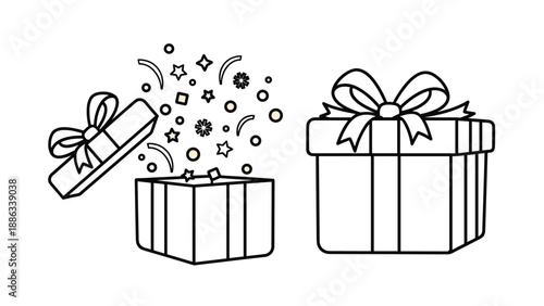 Black and white outline of a gift box and an open surprise box with confetti for holiday celebration and event design.