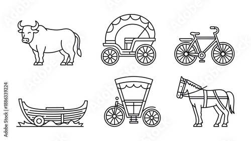  Line Art: Diverse Modes of Transportation and Animals: An artistic illustration depicting various forms of transportation alongside animal figures, capturing the essence of movement and utility.