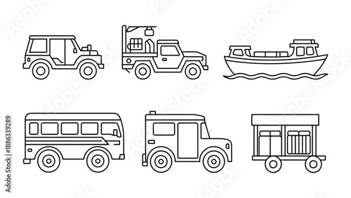 Vehicle Array: A clean and simple depiction of diverse vehicles, showcasing a range of transportation modes. This illustrative collection provides a visual guide to different vehicle types.