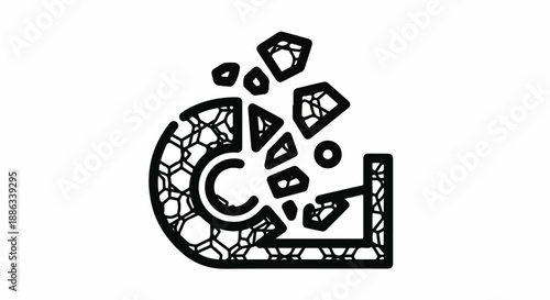 Abstract black and white stylized letter G breaking apart into geometric fragments and diamond shapes, symbolizing digital disruption and data breakdown.