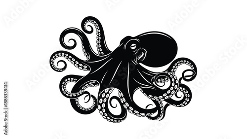 Detailed black octopus silhouette with tentacles for marine biology and ocean wildlife mascot logo design concept.