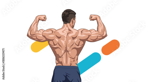 Back view of a muscular man showing strong back and arm muscles for fitness training, bodybuilding, and health concept.