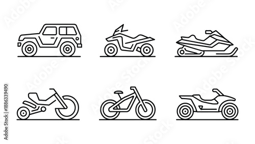 Vehicular Icons: Line art icons depict a range of vehicles, perfect for transportation themes. Each illustration showcases a different type of transport for any needs.