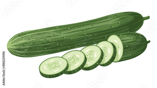 Fresh green whole cucumbers and round slices for healthy salad, organic vegetable, and natural nutrition design concept.