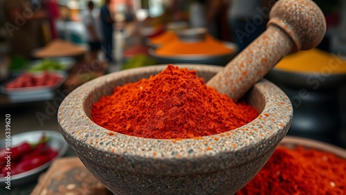 ancho. Traditional Mexican molcajete filled with ancho chili powder in a market setting. menu design, packaging mockups, designed for food delivery and cloud-kitchen brand materials.