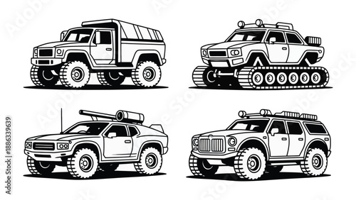 Adventure Vehicle Collection: Four detailed illustrations of rugged, powerful vehicles designed for exploration, showcasing diverse styles and features