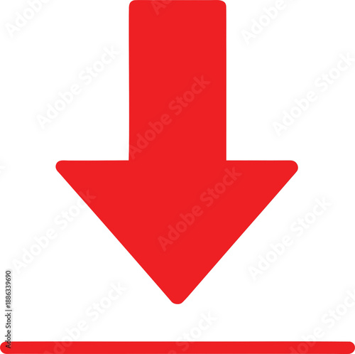Bright red download icon featuring a bold arrow pointing towards a horizontal line