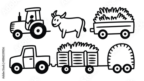 Farm Life Illustration: A charming, hand-drawn illustration depicting a tractor, cow, and hay wagons on a farm. Capture the simplicity and rustic appeal of agriculture.