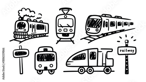 Train Sketches: Artistic doodle, depicting various train design, showcasing the evolution of railway transport, the scene is drawn with precise lines. 