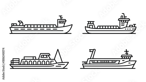 Ship illustrations: A set of simplified line illustrations of various ships. Emphasizing the essential design elements, these images capture the essence of different ship types, offering a clean.