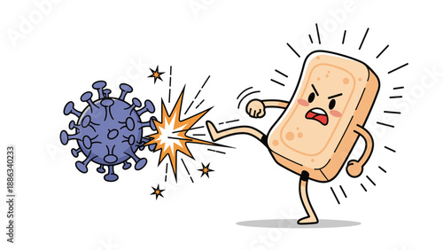 Personified bar of soap kicks a purple virus germ away in a battle for hygiene and cleanliness against pathogens.