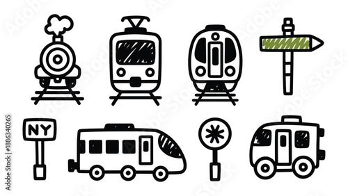 Travel Icon Set: A collection of simple, charming icons, each illustrating essential modes of transport and wayfinding tools. Including trains, a bus, and directional sign.