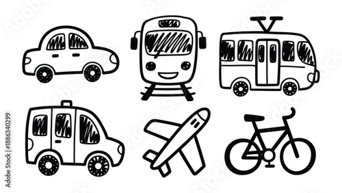 Doodle Transport Collection: Charming hand-drawn sketches of various transport vehicles, offering a whimsical exploration of mobility.