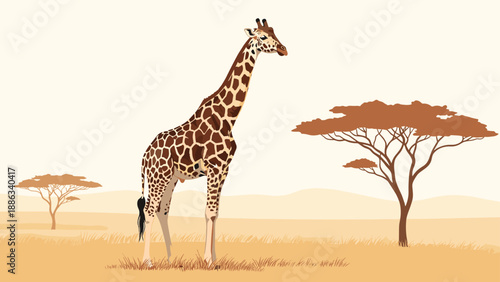 Tall giraffe stands gracefully in a golden savanna landscape with acacia trees and rolling hills in the distance.