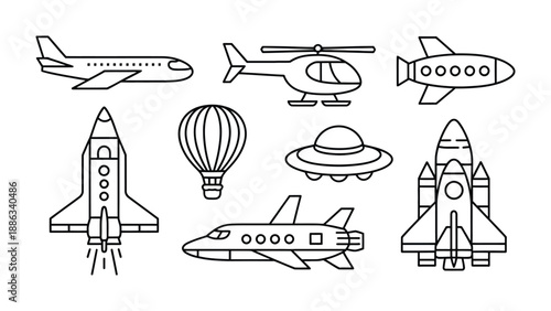 Aviation and Aerospace Icon Set: This illustration features an array of transportation elements, depicting a variety of aircraft and aerospace vehicles with simple lines.
