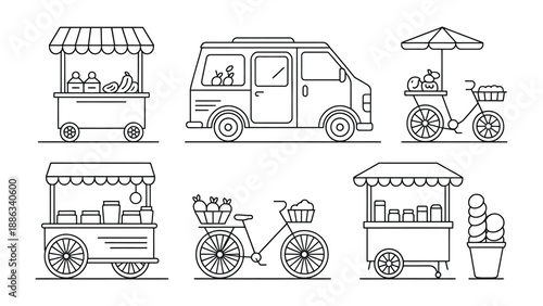 Mobile Food Vendors: A collection of various mobile food vendors are presented in a simple illustration, offering a range of culinary delights. From a van to bicycles and carts.