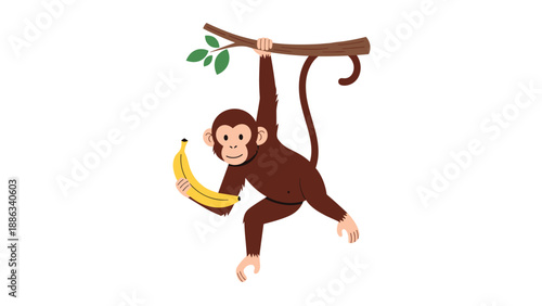 Playful brown monkey hangs from a tree branch with one arm while holding a yellow banana in its other hand.