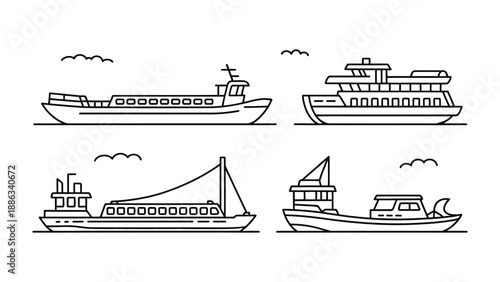 Vessel Variety: A collection of meticulously crafted, minimalist line art illustrations showcasing the elegance and diverse forms of various watercrafts.