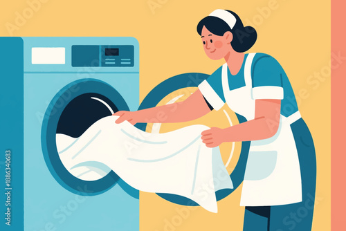 Illustration Of A Housemaid Putting A Blanket Into The Washing Machine Vector Design Template