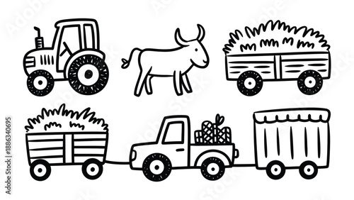 Rural Farm Vehicles Illustration: A whimsical illustration featuring a tractor, a bull, and a series of farm vehicles, loaded with hay, suggesting the beauty and functionality of a working farm.