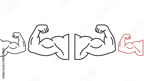 Sequence of four muscular arms flexing their biceps in a progression of strength shown in simple line art.