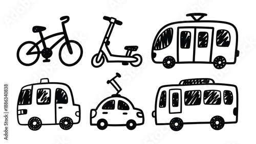 Vehicles of Movement: A hand-drawn illustration depicts an array of transport options, from bicycles and scooters to various car. Perfect for transportation and urban planning concepts.