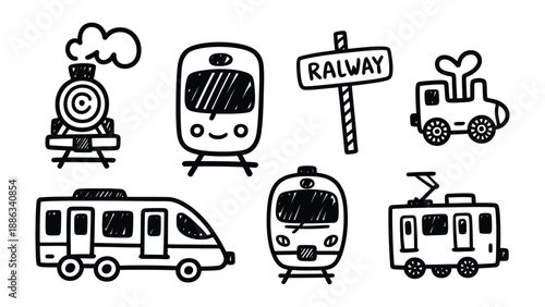 Train Doodles: A collection of charming hand-drawn trains and railway sign, perfect for transportation themes and creative projects. 