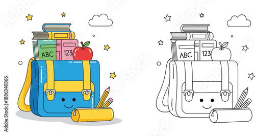 Back to School Cute Backpack with ABC Books and Apple Illustration Set, Coloring Page and Color Version Vector for Kids Education Activity (142 characters)