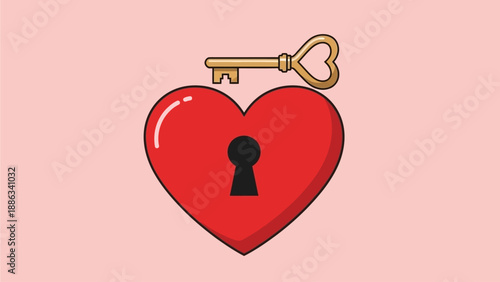 A golden key unlocks a red heart with a keyhole, symbolizing love, trust, and access to emotions and secrets