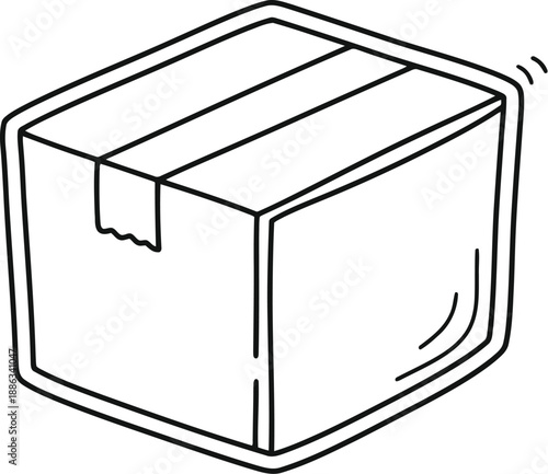 A simple line drawing of a cardboard box with a sealed flap on one side and motion lines suggesting movement isolated on white background