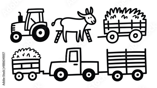 Farm Life Illustration: Whimsical illustrations depict a tractor, a donkey, and several wagons, showcasing farm life in a simple, engaging style.