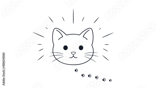 Minimalist line drawing of a cat head with whiskers and a trail of small paw prints leading away from it.