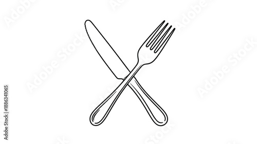 Simple black line drawing of a dinner knife and a fork crossed over each other on a plain white background.
