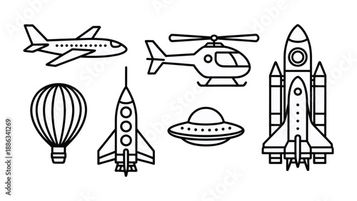 Diverse Transport Illustration Set: An illustration collection that showcases various modes of transportation in a simple line art, perfect for design and educational purposes.