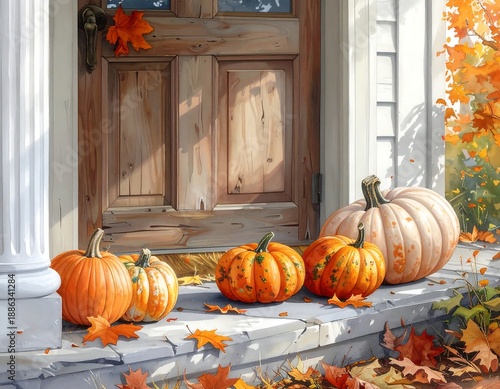 Autumnal Doorway - Pumpkins and Fall Leaves Decorating a Home Entrance.